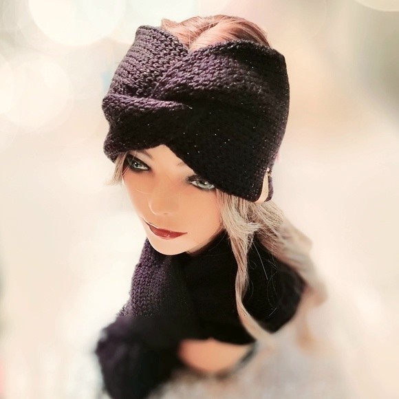 Women's Black Headband & Scarf Winter Set | Handmade in Warm Black Shimmer Knit - Picture 1 of 7